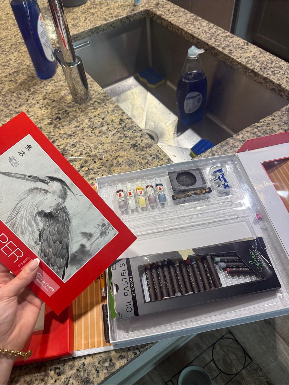 Art Supply Set with Red Sketchbook and Oil Pastels